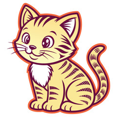 Cute Cartoon Striped Cat Sitting. Cream and Brown Smiling Kitten Isolated on White BG