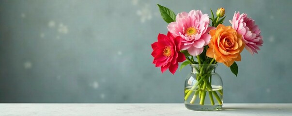 Obraz premium A vibrant arrangement of colorful roses in a clear vase against a soft background.