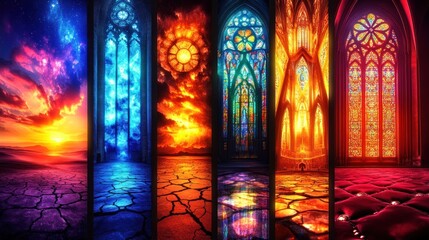 Stained glass portals depict celestial events, fiery sunsets & cracked earth