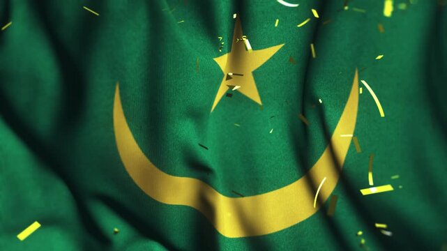 Mauritania Flag Waving with Confetti | Independence Day Celebration | National Patriotism Background
 - Powered by Adobe