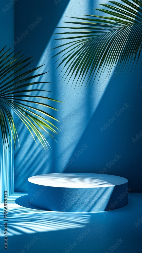 Poster a striking blue backdrop showcases a minimalistic circular platform, accentuated by lush palm leaves