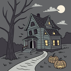 Haunted house with glowing jack-o'-lanterns vector design