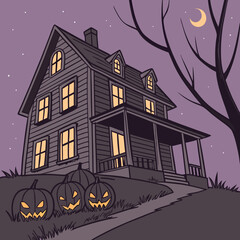 Haunted house with glowing jack-o'-lanterns vector design