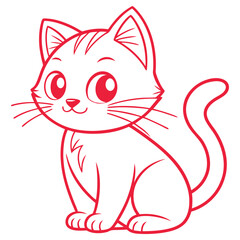 Cute Cartoon Kitten with Red Outlines, Sitting, Big Eyes, Isolated on White. Simple