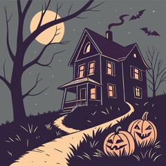 Haunted house with glowing jack-o'-lanterns vector design