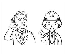 Fototapeta premium Man in work clothes giving a good sign and attentively hearing icon vector illustration. people icon for your website design, logo, app, ui. arrow indicated the direction symbol