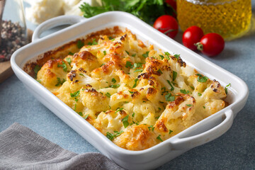 Casserole Cauliflower and broccoli baked with cheese sauce in a pot close-up on a wooden table....