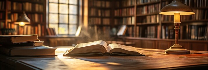 Vintage library with open book on wooden table in sunlit room