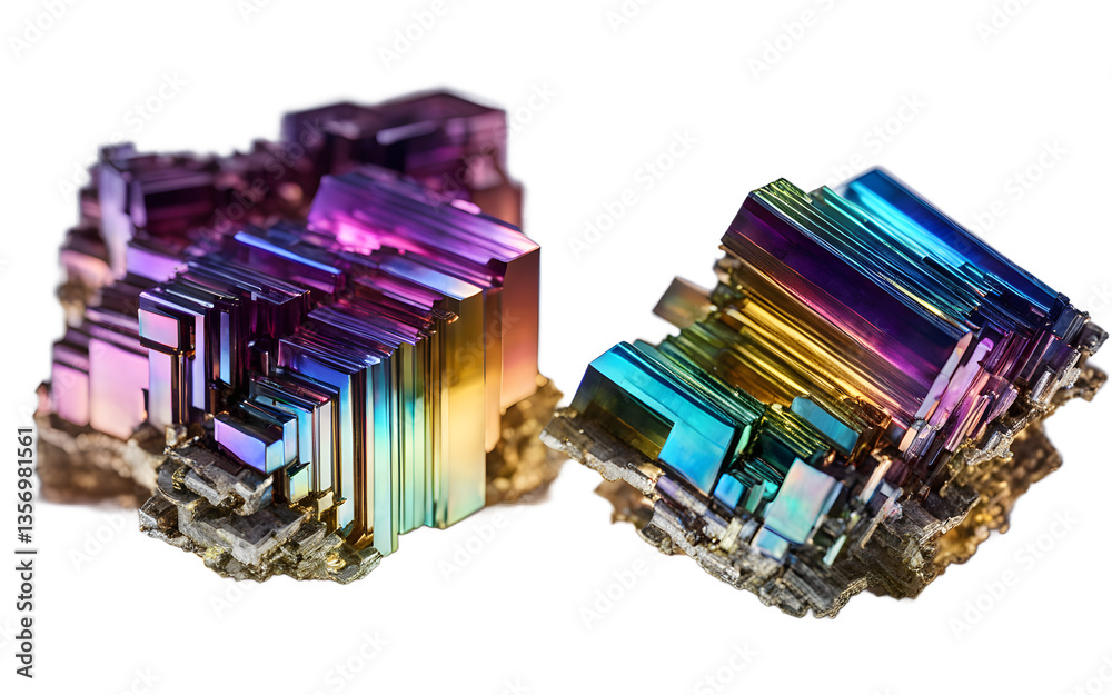 Aufkleber Bismuth crystal with its signature iridescent colors and stair-step structure, isolated on a empty plain background