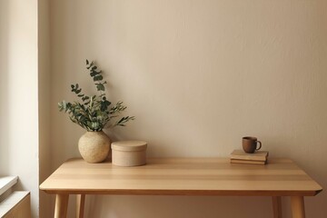 Textured clay vase with olive eucalyptus tree branches. Old books, round gift box. Home office...