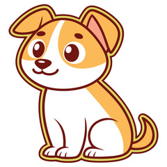 Cartoon Puppy Sitting Calmly Isolated on White, Brown Contour with Yellow Fill