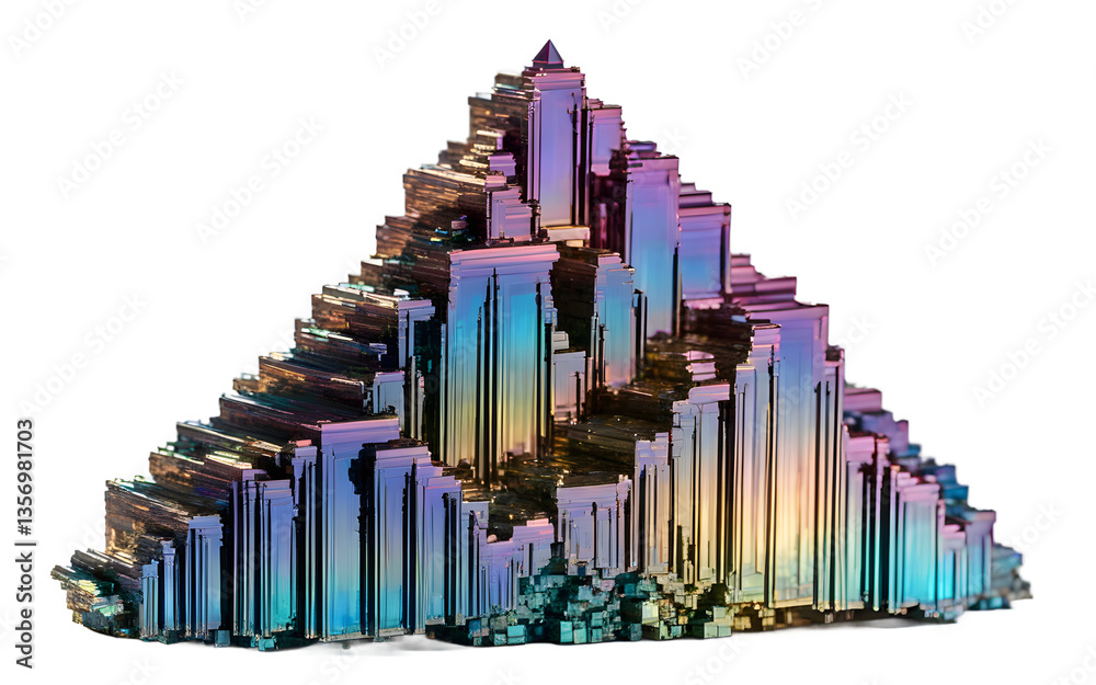 Aufkleber Bismuth crystal with its signature iridescent colors and stair-step structure, isolated on a empty plain background