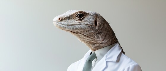 Monitor lizard pondering in pristine white coat against soft white background