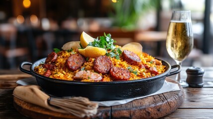 Saffron rice dish with chorizo, seafood, and lemon wedges, served in a cast iron pan