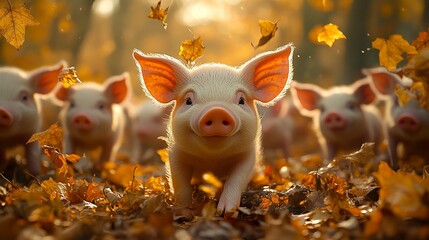 Fototapeta premium Pigs explore a forest floor covered in golden leaves, shafts of sunlight streaming through the canopy, close-up framing their curious faces, warm autumn tones. 