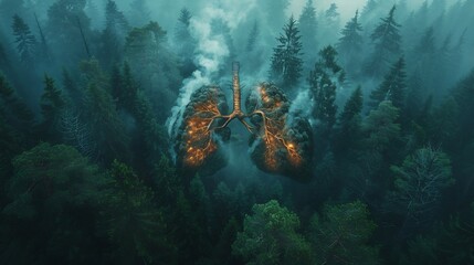 Forest shaped like a pair of lungs half green and thriving half burned and smoking symbolic aerial view ultra detailed