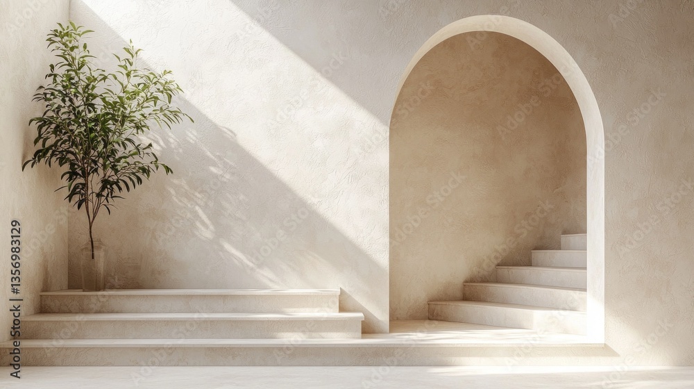 Poster Soft rays of sunlight filter through a large arch, casting delicate shadows on a smooth, neutral-toned interior. A lone tree stands elegantly amongst minimalistic steps, creating a peaceful ambiance