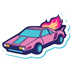 Retro Pink Car on Fire Sticker. Cartoon flames erupting from vehicle. Fast ride