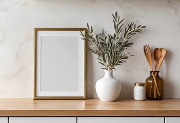 Fototapeta premium Modern Kitchen Mockup with Gold Frame and Olive Branches