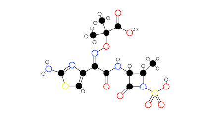aztreonam molecule, structural chemical formula, ball-and-stick model, isolated image antibiotic