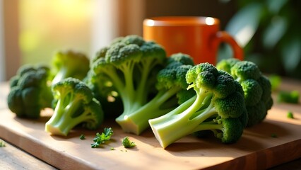 Cooking ingredients, organic broccoli on a wooden cutting board in the kitchen, lit by warm natural light, with orange mug in the background