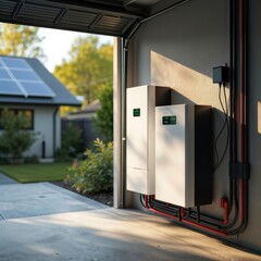 Home energy storage indoors. Residential battery storage unit installed inside garage with solar panels visible.