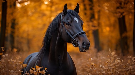 Portrait of a horse on background of autumn foliage 