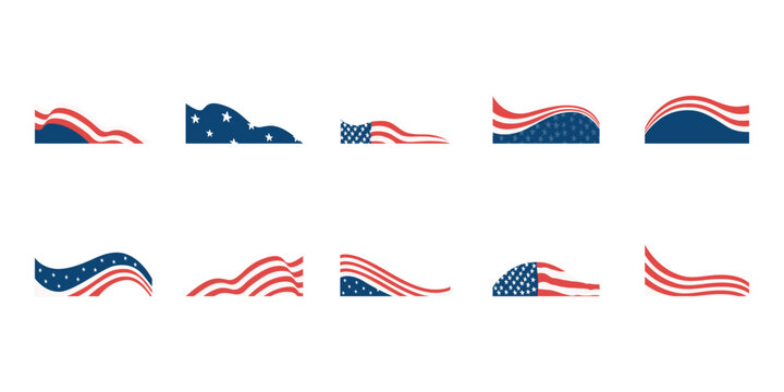 A red white and blue American flag wave background with stars and copy space. America border and corner for  header, footer design