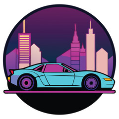 Retro Futuristic Cityscape with Cyan Car, Outline, Night Scene, 80s Style Design