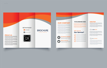 Orange trifold brochure with shapes, waves. Ready Brochure. Editable image.