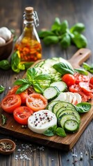 Vibrant vegetable and cheese platter.  Fresh tomatoes, zucchini, mozzarella, and basil arranged beautifully