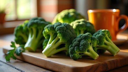 Cooking with broccoli, fresh green broccoli crowns and parsley, on a wooden cutting board in the kitchen, lit by natural light 