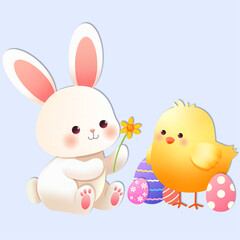 cute white bunny holding flower, cute chick with eggs, hand drawn.