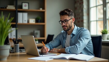 Fototapeta premium A focused man works on his laptop at a stylish desk in a modern office.
