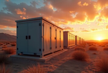 Desert battery storage. Large white container units installed in desert landscape with dramatic sunset. Golden hour view of utility-scale energy storage facility.
