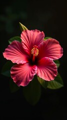 Vibrant pink hibiscus flower with dramatic lighting on a dark background
