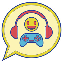 Speech Bubble with Emoji, Headphone, and Blue Gamepad Isolated on a White Background