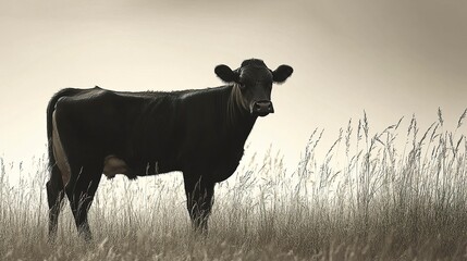 Profile view of a black cow silhouette standing in grass, bold and minimalist lines, isolated against a blank white background for versatile use.  