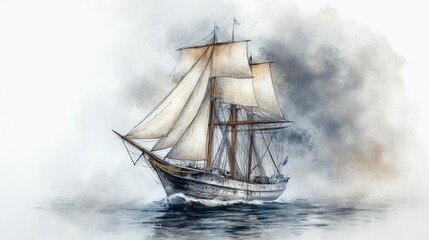 Fototapeta premium Sailing ship at sea, misty watercolor artwork