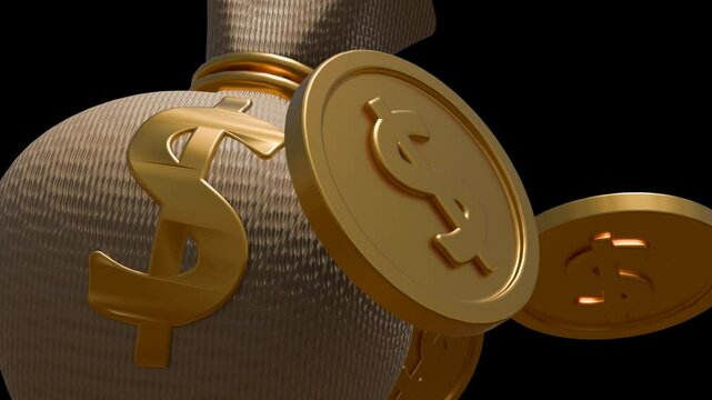 A 3d animation of a money bag and several gold coins are scattered around the bag. The use of classic symbols for money.