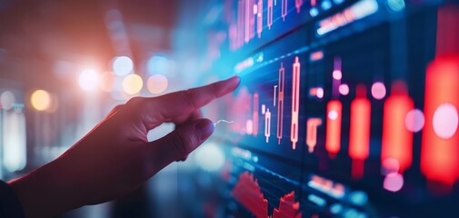 A hand interacts with a digital display showing colorful financial data visualizations, emphasizing technology in finance.