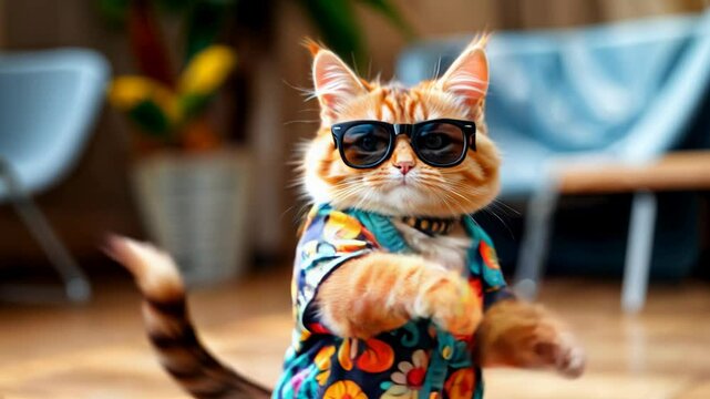 A playful and stylish cat wearing sunglasses and a colorful clothes, dancing. This vibrant and humorous image captures the quirky personality of cats and brings a smile with its bright colors and whim