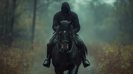 Realistic image of man riding horse through dense forest, black hood, fast gallop  