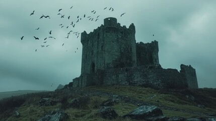 Obraz premium Misty castle, birds flying, Irish landscape, dramatic scene