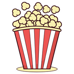 Cartoon Popcorn Bucket Overflowing; Red and White Striped Container, Outline Style
