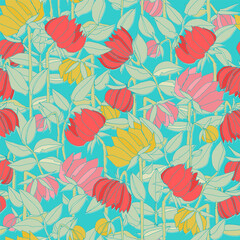 Seamless pattern with hand drawn meadow bold flowers. Colorful illustrations on blue background for surface design and other design projects