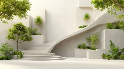 Modern minimalist architecture with integrated greenery.  Curving staircase and planters