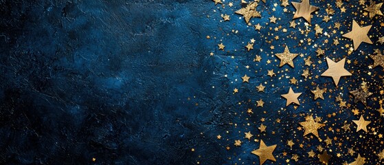 Navy blue background with clustered gold stars on the right