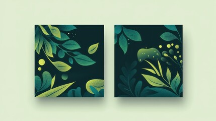 Pair of Abstract Green Botanical Illustrations:  Nature Inspired Digital Art Prints