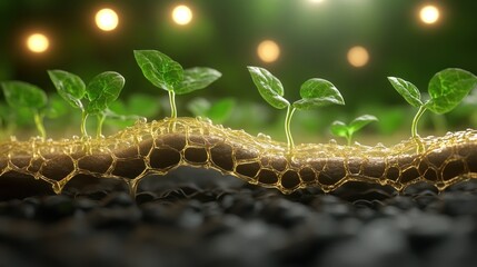 Young plants sprout from rich, textured soil, illuminated by warm lights